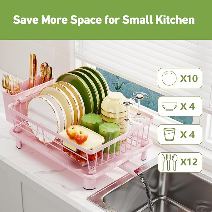 Dish Drainer Rack with Drip Tray, Sink Dish Drainer with Drainage Spout, Stainless Steel Dish Drying Rack with Cups, Utensil & Cutting Board Holders for Kitchen Counter Space-Saving, Pink