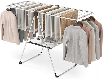 Tangkula Collapsible Clothes Drying Rack, 2-Level Folding Aluminum Drying Rack w/Height-Adjustable Wings, Bottom Shoe Rack, Space-Saving Laundry Drying Rack for Indoor & Outdoor Use, Silver