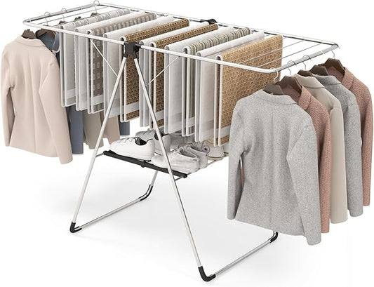 Tangkula Collapsible Clothes Drying Rack, 2-Level Folding Aluminum Drying Rack w/Height-Adjustable Wings, Bottom Shoe Rack, Space-Saving Laundry Drying Rack for Indoor & Outdoor Use, Silver