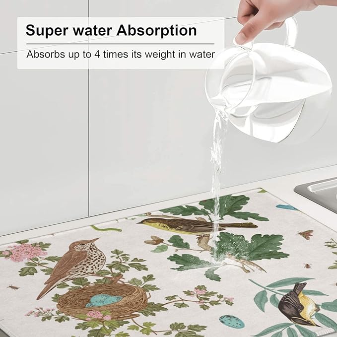 Large Dish Drying Mats For Kitchen Counter Microfiber Kitchen Drying Mat XL Draining Pad Absorbent Quick Drying Dish Mat 18x24 Inch - Garden Birds