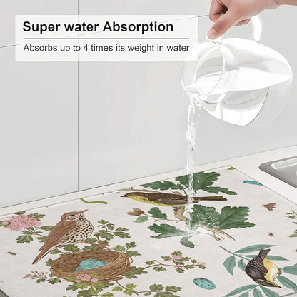 Large Dish Drying Mats For Kitchen Counter Microfiber Kitchen Drying Mat XL Draining Pad Absorbent Quick Drying Dish Mat 18x24 Inch - Garden Birds
