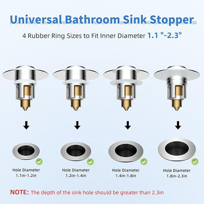 iFealClear Metal Universal Bathroom Sink Stopper, Upgraded Stainless Steel Sink Drain Strainer for 1.1''~2.36" Basin Pop Up Drain Strainer, Anti-Clogging Filter Basket, Polished Chrome