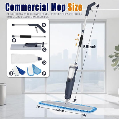 24" Dry mops for Floor Cleaning, Microfiber mop Spray System, Commercial Heavy-Duty Wet mops with 28oz Big Tank, 2 Washable Pads (Commercial Blue, 24inch-1Pack)