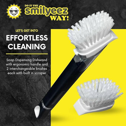 Smilyeez Soap Dispensing Dishwand (Black) with Ergonomic Handle and 2 Interchangeable Brushes - Effortless Cleaning and Long-Lasting Durability - Kitchen and Dishwashing Essential