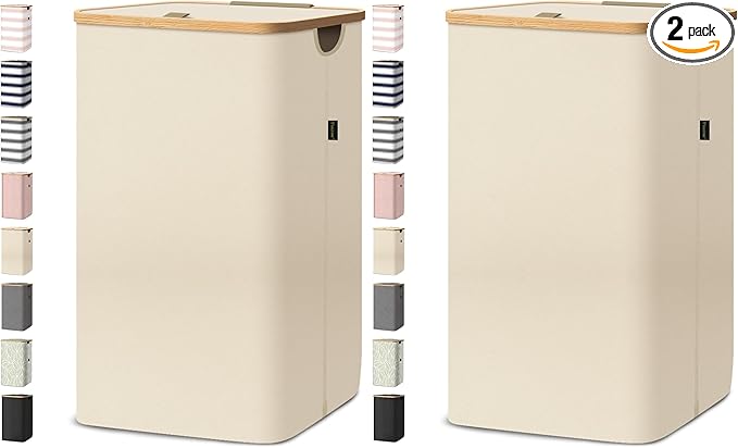 BALEINE Laundry Hamper with Lid, Tall Laundry Baskets with Bamboo Pull Handles, Large Laundry Bin with Internal Support (26 Gal/100L, Beige) (Pack of 2)