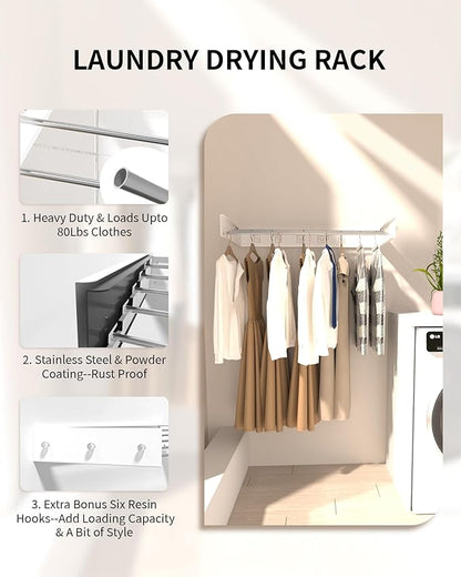 YLGJ&TIDY Wall Mounted Clothes Drying Rack, 31.5" Laundry Drying Rack, Clothes Drying Rack Foldable with 5 Rods 6 Hooks,Floor Space Saving Dry Rack for Clothes