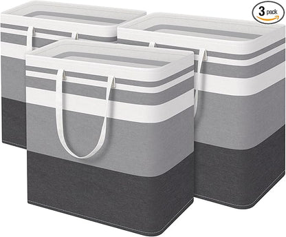 HomeHacks 3-Pack Large Laundry Basket, Waterproof, Freestanding Laundry Hamper, Collapsible Tall Clothes Hamper with Extended Handles for Clothes Toys in the Dorm and Family-(Gradient Grey, 100L)