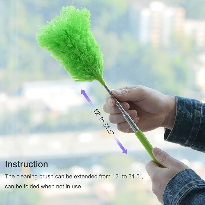 MECCANIXITY Microfiber Cleaning Duster, 12 to 31.5 Inch Washable Extendable Brush Flexible Feather Duster for Window Furniture, Green