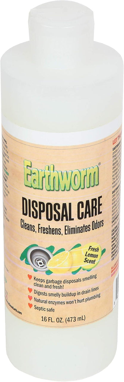 Earthworm Garbage Disposal Cleaner and Odor Eliminator/Disposal Care Removes Buildup, Cleans, and Freshens your Kitchen Sink - 16 Oz, Fresh Lemon Scent, Septic Safe