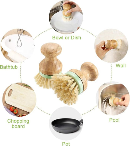 4 Pieces Bamboo Dish Scrub Brush with Holders Wooden Bamboo Round Scrubbers Stiff Bristles Pot Brushes for Wash Dishes, Pots, Pans, Kitchen Iron Pot Pan Sink(Classic Style,Green)