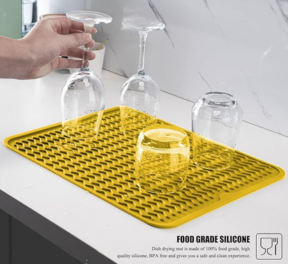 Large 17" x 14" Silicone Dish Drying Mat for Kitchen Counter, Easy clean, Quick Dry, Heat-resistant Dish Drainer Mat for Sink,Refrigerator or Drawer liner (Food Grade Silicone-Yellow)