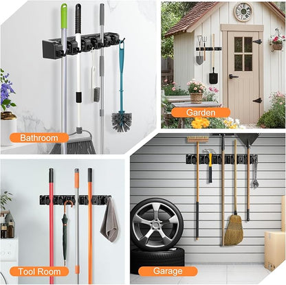 nacena Broom Holder Wall Mount, 2 Packs broom and mop organizer wall hanging broom and mop organizer wall hanging with 5 Ball Slots and 6 Hooks (Black)