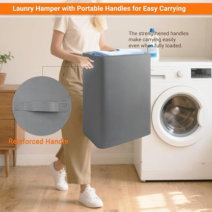 Foldable Laundry Hamper with Lid & Laundry Bag with Drawstring,Portable Laundry Basket with Easy Carry Handles,Clothes Hamper Space Saving Organizer for Bathroom,Bedroom,College Dorm,RV,Grey