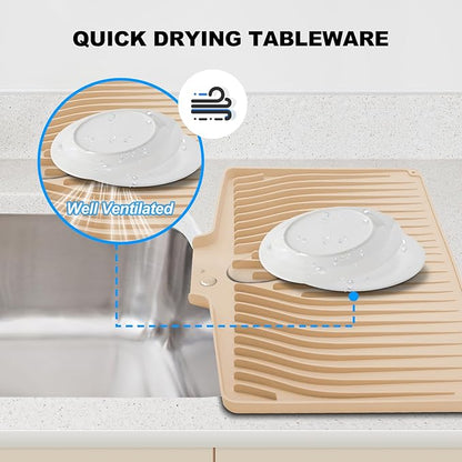 Silicone Dish Drying Mat for Kitchen Countertops and Sinks,19 x13.7 Inch Non Slip Heat Resistant Mat with Built In Drainage System,For Refrigerator and Drawer Liners (beige, 19 x13.7 Inch)