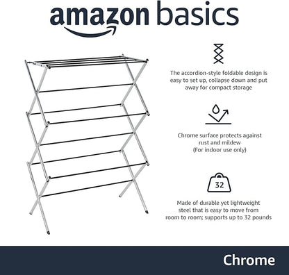 Amazon Basics Foldable Portable Metal Clothes Drying Rack for Indoor Air Drying, Energy Saving, 14.5 x 29.5 x 41.8 inches, Chrome Silver