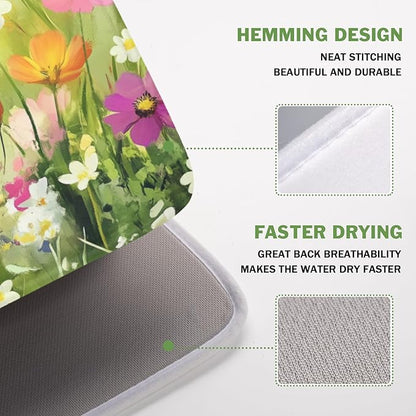 Spring Summer Daisy Dish Drying Mat 16 x 18 Inch Colourful Floral Pattern Dish Drainer Rack Mat Absorbent Microfiber Mats Holiday Dish Pad for Kitchen Coffee Dining Bar Decor