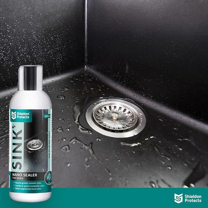Shieldon Sink Care Kit – Cleaner & Nano Sealer for Granite Composite, Ceramic & Natural Stone Sinks – Restores Shine, Repels Stains, Grease & Hard Water – 2 Sponges & Microfiber Cloth