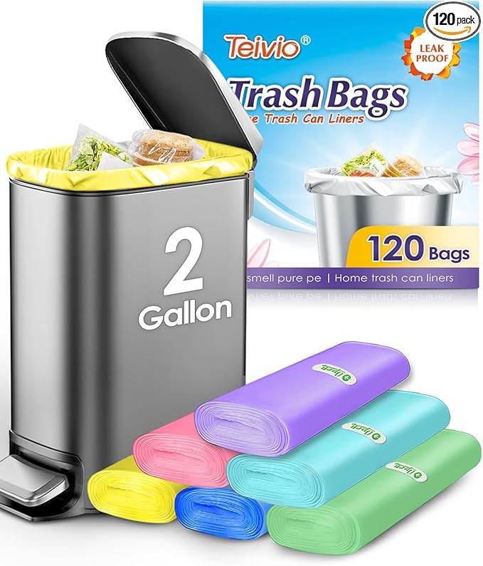 Small Trash Bags 2 Gallon 120 Count Strong Trash Bags Colorful Small Garbage Bags, Trash Can Liners for Bathroom Home Office Kitchen Bedroom, fit 5-10 Liter, 1,1.2,1.6,2,2.6,3 Gal,Multicolor