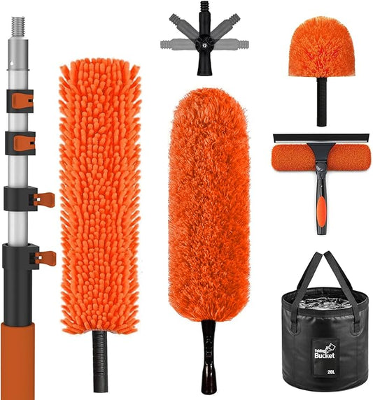 SISUPASSIE 36FT Reach High Ceiling Duster Kit, Window Cleaning kit with 7-30FT Extension Pole, Fan Duster for Ceiling Fan Blades, Microfiber Feather Duster, Window Squeegee, Bucket and Cobweb Duster