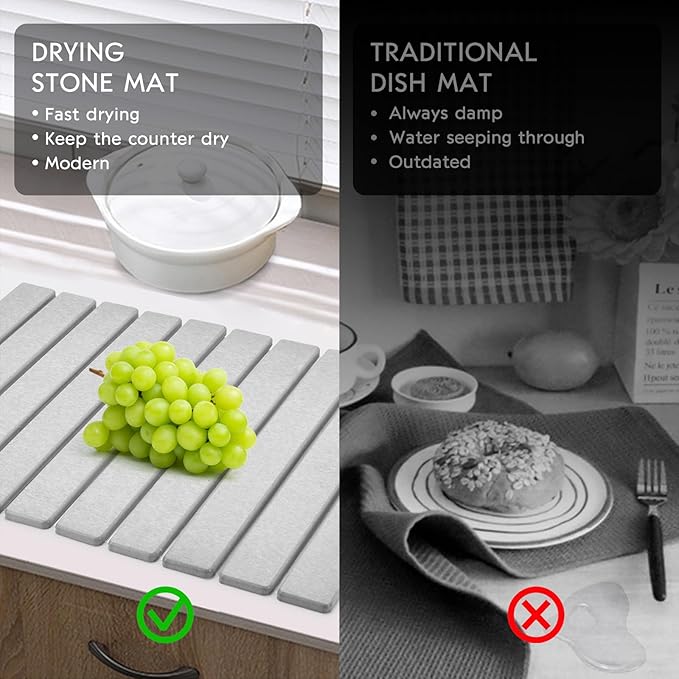 Large Stone Dish Drying Mats for Kitchen Counter, 24"(L)×16"(W) Collapsible Quick Dry Dish Drying Mat, Eco-Friendly Absorbent Diatomaceous Earth Mat for Dishes Bottles Cups, Match Any Countertop