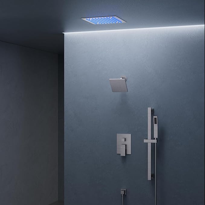 Celling Mount 64 Color LED Mood Lighting Dual Rainfall Shower Head Faucet, 12 Inch Rainfall Shower System (Brushed Nickel)