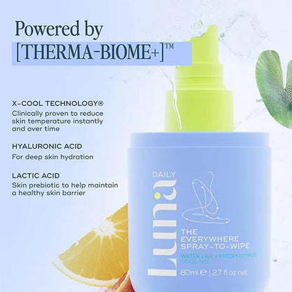 Luna Daily The Everywhere Spray-To-Wipe | Cooling Body Mist & Hydrating pH-Balanced Feminine Care | Cooling Water Lily + Fresh Citrus | Anti-Chafing & Odor Control 80ml