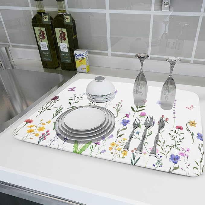 Watercolor Floral Dish Drying Mat for Kitchen Counter 18x24 Inch Spring Summer Wild Flower Butterfly Absorbent Reversible Microfiber Dish Drainer Rack Mats Countertops Protector Mat