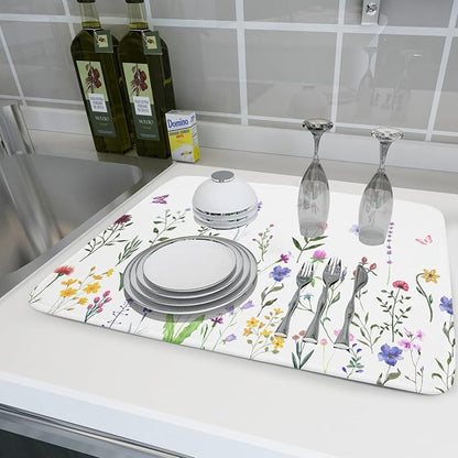 Watercolor Floral Dish Drying Mat for Kitchen Counter 18x24 Inch Spring Summer Wild Flower Butterfly Absorbent Reversible Microfiber Dish Drainer Rack Mats Countertops Protector Mat