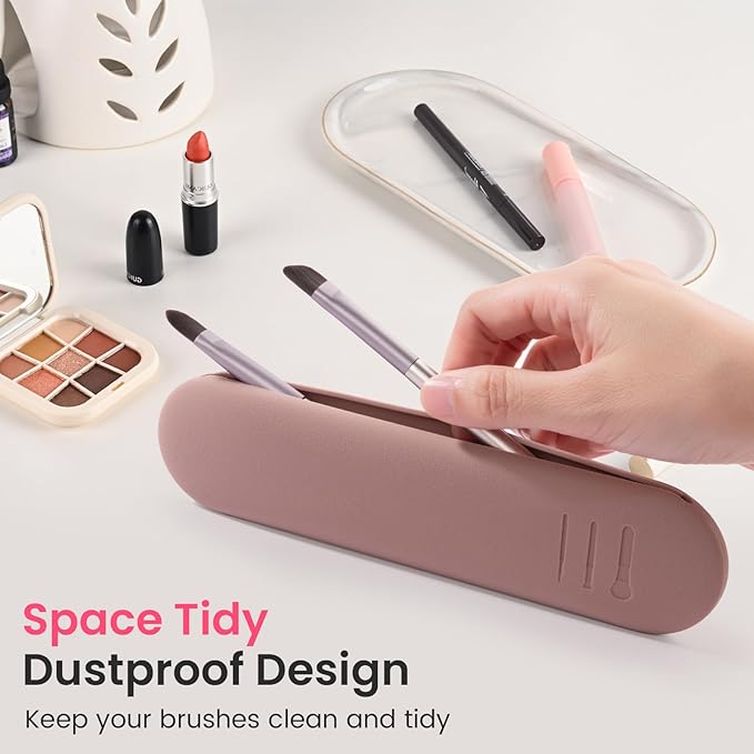 Travel Makeup Brush Holder, Silicon Trendy and Portable Cosmetic Face Brushes Holder, Make Up Organizer Bag Case, Cosmetic pouch,Toiletry Organizer (Khaki)