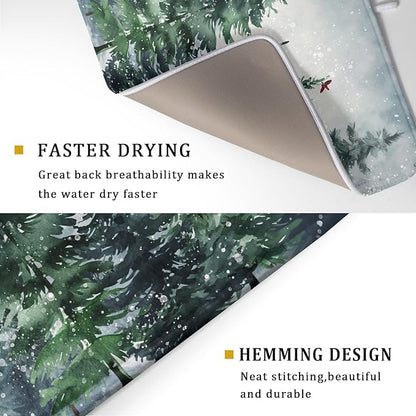 Winter Dish Drying Mat for Kitchen Counter Winter Pine Tree Dish Drying Mat 18x24 Inch Red Bird Christmas Dish Draining Mat Absorbent Reversible Dish Pad Kitchen Accessories Table Protector