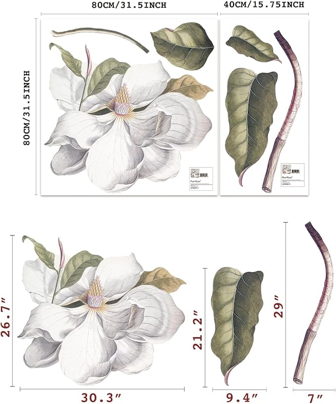 Fabric Peel and Stick Floral Sticker Decal, Self-Adhesive Peony Flowers Wallpaper, Rose Sticker for Living Room Bedroom Wall Decor, Single Large Vintage Magnolia