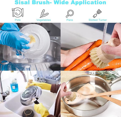 Bamboo Dish Brush Set, 2 Pcs Palm Wooden Dish Scrubber Brush, Dish Brushes, Durable Wood Dishes Scrub Brush, Natural Round Vegetable Cleaning Pots Pans Sink Washing Kitchen Brush