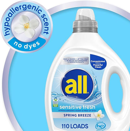 all sensitive fresh™, Spring Breeze, Scented Liquid Laundry Detergent for Sensitive Skin, Hypoallergenic, Free of Dyes, Concentrated, 82.5oz, 110 Loads