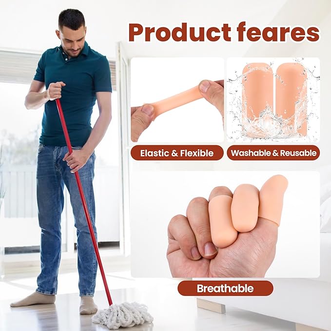 PAGOW 6 Pcs Gel Finger Cots/Covers, Silicone Finger Protector Support, Finger Caps Finger Sleeves Thumb Protector for Finger Cracking Trigger Finger Arthritis Pain Relief (Beige)