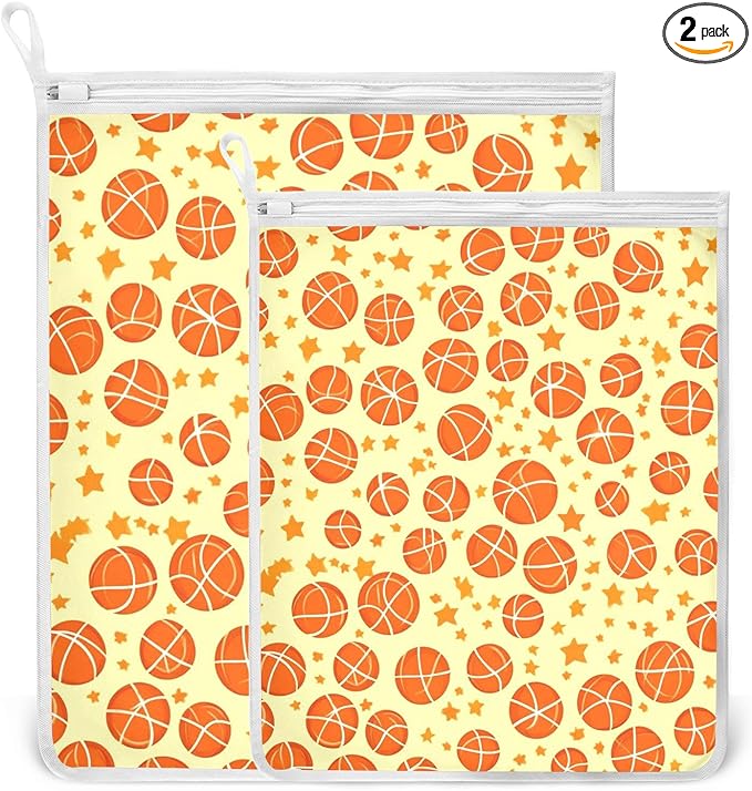 Mesh Laundry Bags Lingerie Bags for Washing Delicates 2 PCS Durable Wash Bag with Zipper Small and Medium Washable Orange Basketball and Stars