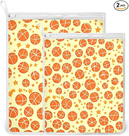 Mesh Laundry Bags Lingerie Bags for Washing Delicates 2 PCS Durable Wash Bag with Zipper Small and Medium Washable Orange Basketball and Stars