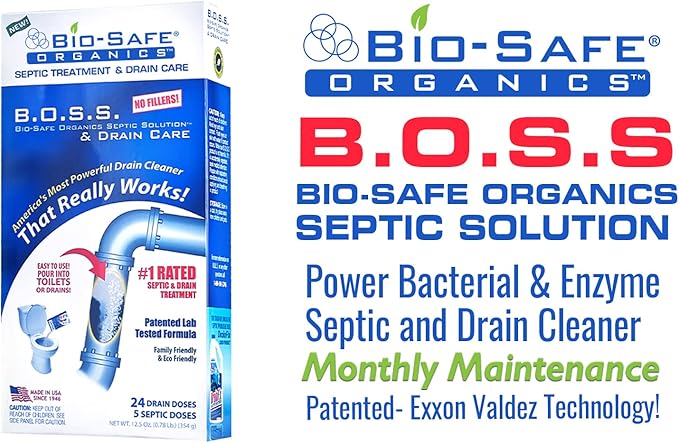 B.O.S.S.- Bio-Safe Organics Septic Solution & Drain Care 12.5 oz Powder - Patented Bacteria Enzyme Exxon Valdez Septic Tank Maintenance & Drain Care Formula, All Septic Tank Systems & Drains - 3 pack