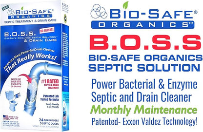 B.O.S.S.- Bio-Safe Organics Septic Solution & Drain Care 12.5 oz Powder - Patented Bacteria Enzyme Exxon Valdez Septic Tank Maintenance & Drain Care Formula, All Septic Tank Systems & Drains - 3 pack