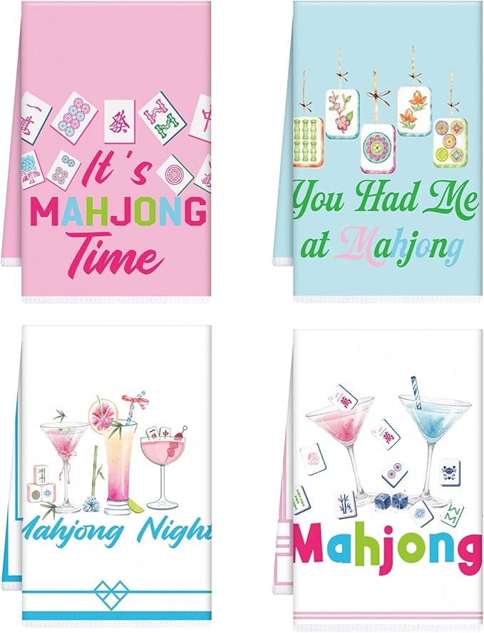 Mahjong Kitchen Towels Set of 4, Cocktail Dish Towels Gifts for Cooking Cleaning, Funny Decorative Hand Tea Towels for Mahjong Lover Gifts Bathroom Decor