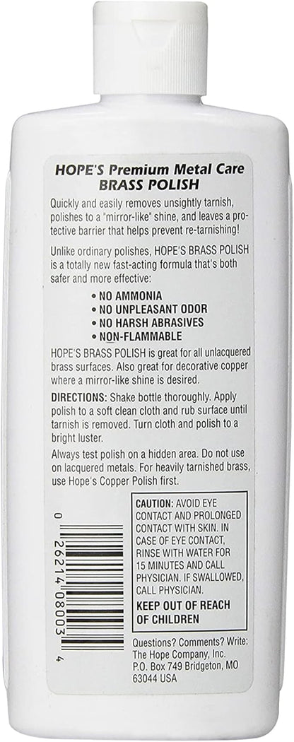 HOPE'S Brass Polish and Cleaner - Protective Tarnish Remover - Great Brass, Copper, Chrome, and Sterling Silver Polish - Polisher for Home Decor, Music Instruments, and Jewelry, 8 Fl Oz, Pack of 1
