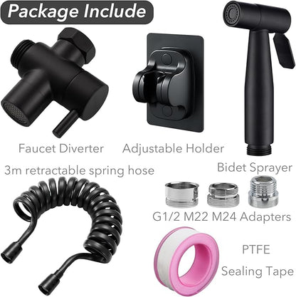 Sink Faucet Sprayer Set, Handheld Bidet Sprayer for Toilet, Metal Sprayer, with M22 M24 G1/2 Adapters and 3m Hose for Kitchen Sink, Bathroom or Toilet, Matte Black. (Faucet Not Included)