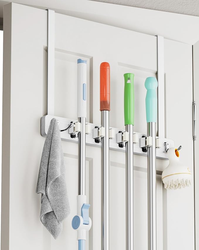 BS-VOG Over the Door Broom Holder, Mop and Broom Holder Door Mount, Hanging Organizer with 4 Racks & 2 Hooks, Wooden Hanger Storage Decor, Laundry Tool Organizer for Closet Garage, No Drills