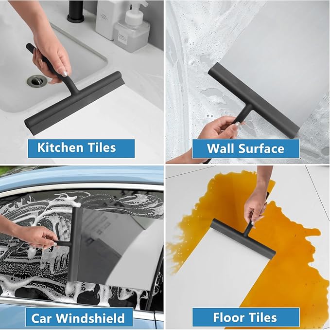 Shower Squeegee for Glass Doors, Full Silicone Jacketed Squeegee with Ergonomic Handle & No-Drill Hook, Cleaning Tool for Windows, Mirrors, Tiles, Bathroom & Car - Black