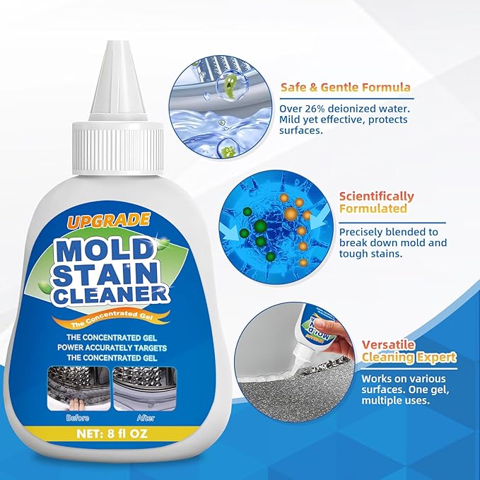 Mold Stain Cleaner Gel, 8 Fl Oz Household Washing Machine Cleaner for Front Loader Seal, Heavy Duty Stain Cleaner for Refrigerator Strips, Home Kitchen Sinks Tiles Grout Sealant, Bathroom Cleaning