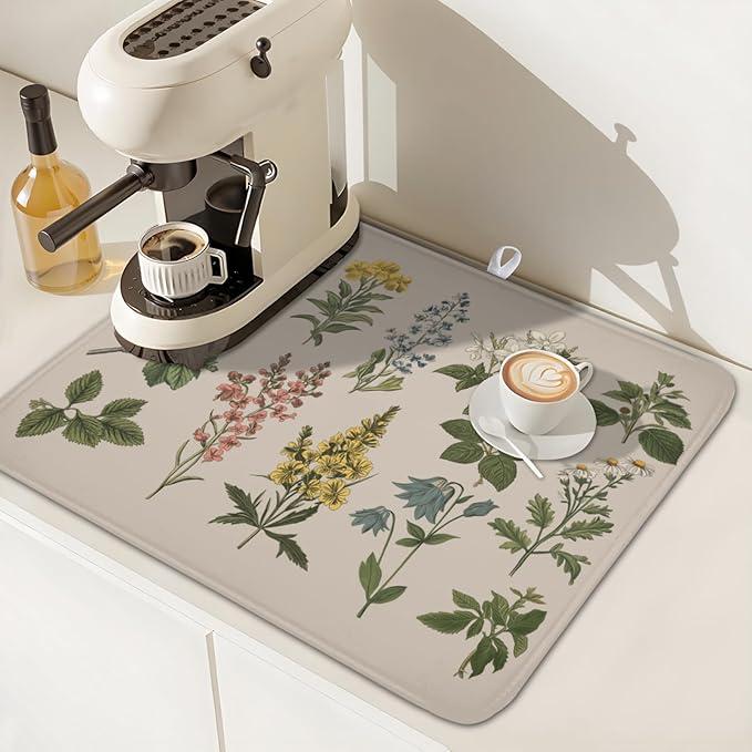 Vintage Plants Herbs Floral Dish Drying Mat for Kitchen Counter Retro Leaf Drying Mat 16x18 Inch Rustic Farmhouse Absorbent Dish Drainer Mat Kitchen Accessories