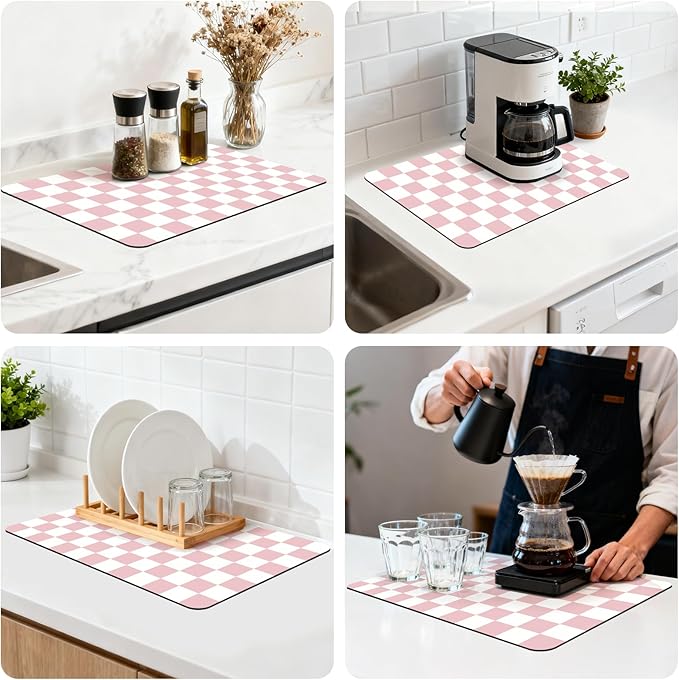 12" x 20" Checkered Dish Drying Mat for Kitchen Counter, Absorbent Coffee Bar Mat for Espresso Machine Coffee Countertops Accessories (Pink)