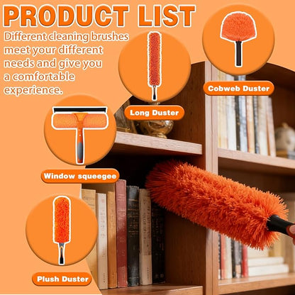20FT High Reach Duster Cleaning Kit with 3-12 FTExtension Pole, High Ceiling Fan Cleaner Duster Tool for Fan Blades, Extendable Reusable Cobweb, Feather, Window Cleaning Squeegee Kit (12FT)