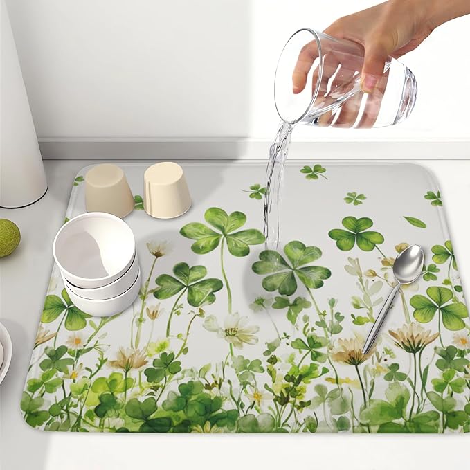 St Patrick's Day Dish Drying Mat 16 x 18 Inch Green Clover Dish Drainer Rack Mat Absorbent Microfiber Mats for Shamrock Dish Pad Spring Lucky Dish Pad for Kitchen Bar Decor