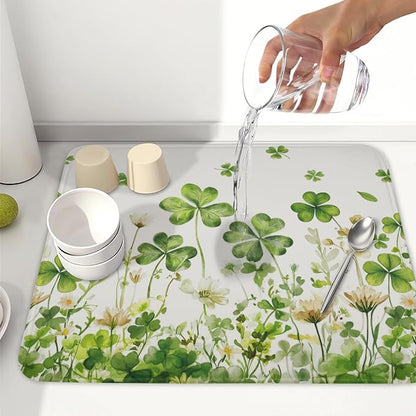 St Patrick's Day Dish Drying Mat 16 x 18 Inch Green Clover Dish Drainer Rack Mat Absorbent Microfiber Mats for Shamrock Dish Pad Spring Lucky Dish Pad for Kitchen Bar Decor