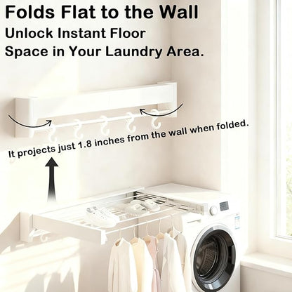 Wall Mounted Clothes Drying Rack 27 inches,Foldbale Laundry Drying Rack 6 Rods,Hidden Drying Rack Clothing,Retractable,Collapsible,Screws Needed Folding Laundry Rack (White, Medium)